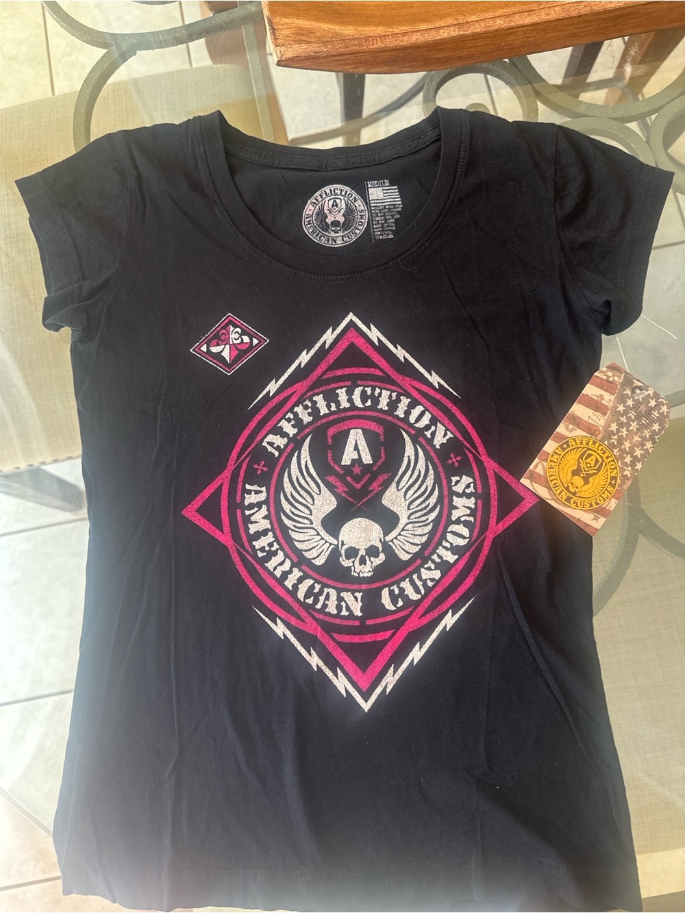 Affliction Black Short-Sleeve Tee with Pink & White Graphic